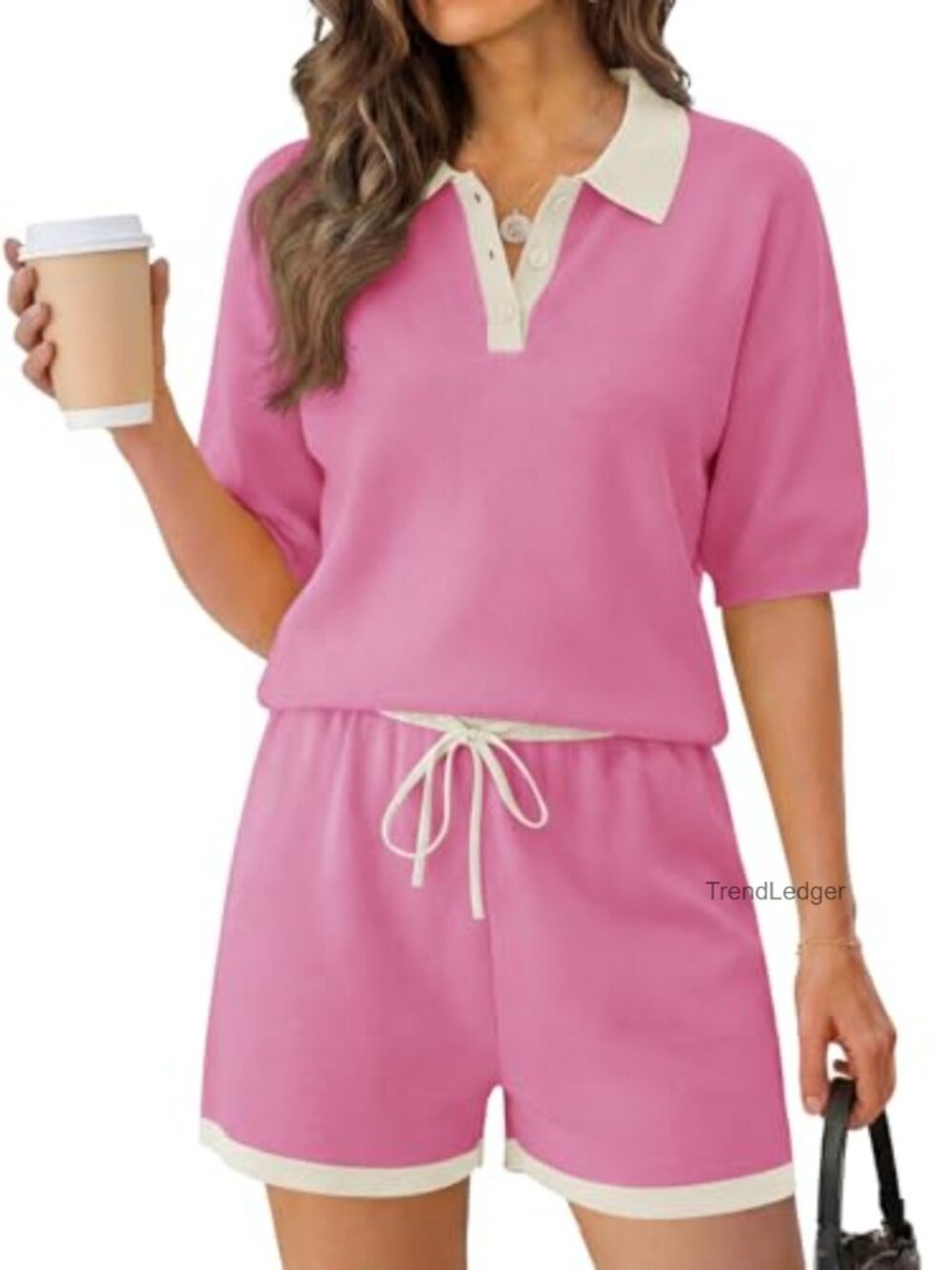 Women's 2 Piece Knit Short Set Half Puff Sleeve Drawstring Waist Vacation Outfit